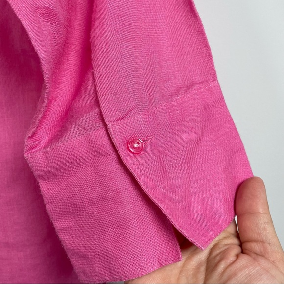 Fred David Petite Pink Linen Button Front 3/4 Sleeve Floral Embroidered Blouse - Picture 9 of 16